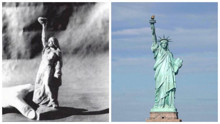 O conceito de Frédéric Auguste Bartholdi criado para o Egito (E) e a estátua erguida em Nova York (D)