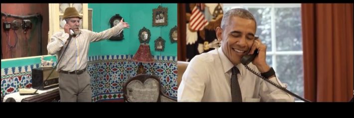 Obama (D) interage com Pánfilo, personagem de humorístico cubano