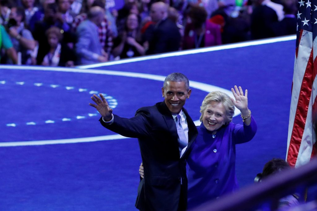 Presidente dos Estados Unidos, Barack Obama, ao lado da candidata democrata à Casa Branca, Hillary Clinton