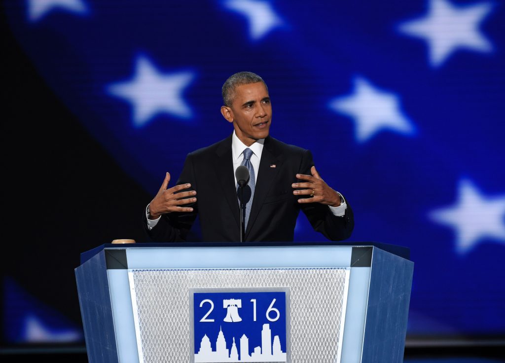 Presidente dos Estados Unidos, Barack Obama, discursa no terceiro dia da convenção democrata