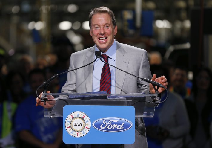 FiLE - In this Nov. 11, 2014 file photo, Bill Ford Jr., Ford Motor Company Executive Chairman, speaks during news conference on the 2015 F-150 pickup truck at the Dearborn Truck Plant in Dearborn, Mich. President-elect Donald Trump claimed Thursday, Nov. 17, 2016, that he convinced the chairman of Ford Motor Co. not to move an assembly plant from Kentucky to Mexico. But Ford never intended to move the plant, just production of one of the vehicles it makes.(AP Photo/Paul Sancya)