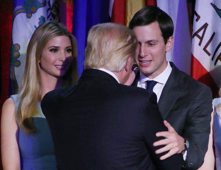 NEW YORK, NY - NOVEMBER 08: President-elect Donald Trump embraces son in law Jared Kushner (R), as his daughter Ivanka Trump, (L), stands nearby, after his acceptance speech at the New York Hilton Midtown in the early morning hours of November 9, 2016 in New York City. Donald Trump defeated Democratic presidential nominee Hillary Clinton to become the 45th president of the United States. Mark Wilson/Getty Images/AFP == FOR NEWSPAPERS, INTERNET, TELCOS & TELEVISION USE ONLY ==
