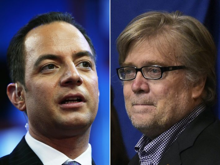 (COMBO) This combination of pictures created on November 11, 2016 shows Republican National Convention Chairman Reince Priebus (L) and Donald Trump's campaign Chief Executive Officer Stephen K. Bannon. President elect Donald Trump announced his White House transition team November 11, 2016 by appointing running mate Mike Pence as its chairman and naming Reince Priebus and Stephen Bannonon as members of the executive committee. / AFP PHOTO / STF