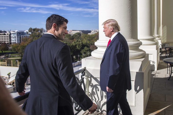 House Speaker Paul Ryan escorts President-elect Donald Trump onto the Speaker?s Balcony, at the Capitol building in Washington, Nov. 10, 2016. Trump saw preparations already being made for the inauguration. (Al Drago/The New York Times)
