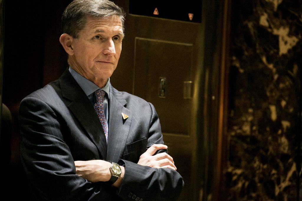 Michael Flynn, the retired general chosen by President-elect Donald Trump for national security adviser, waits in the lobby of Trump Tower on Fifth Avenue in New York, Dec. 12, 2016. (Sam Hodgson/The New York Times)
