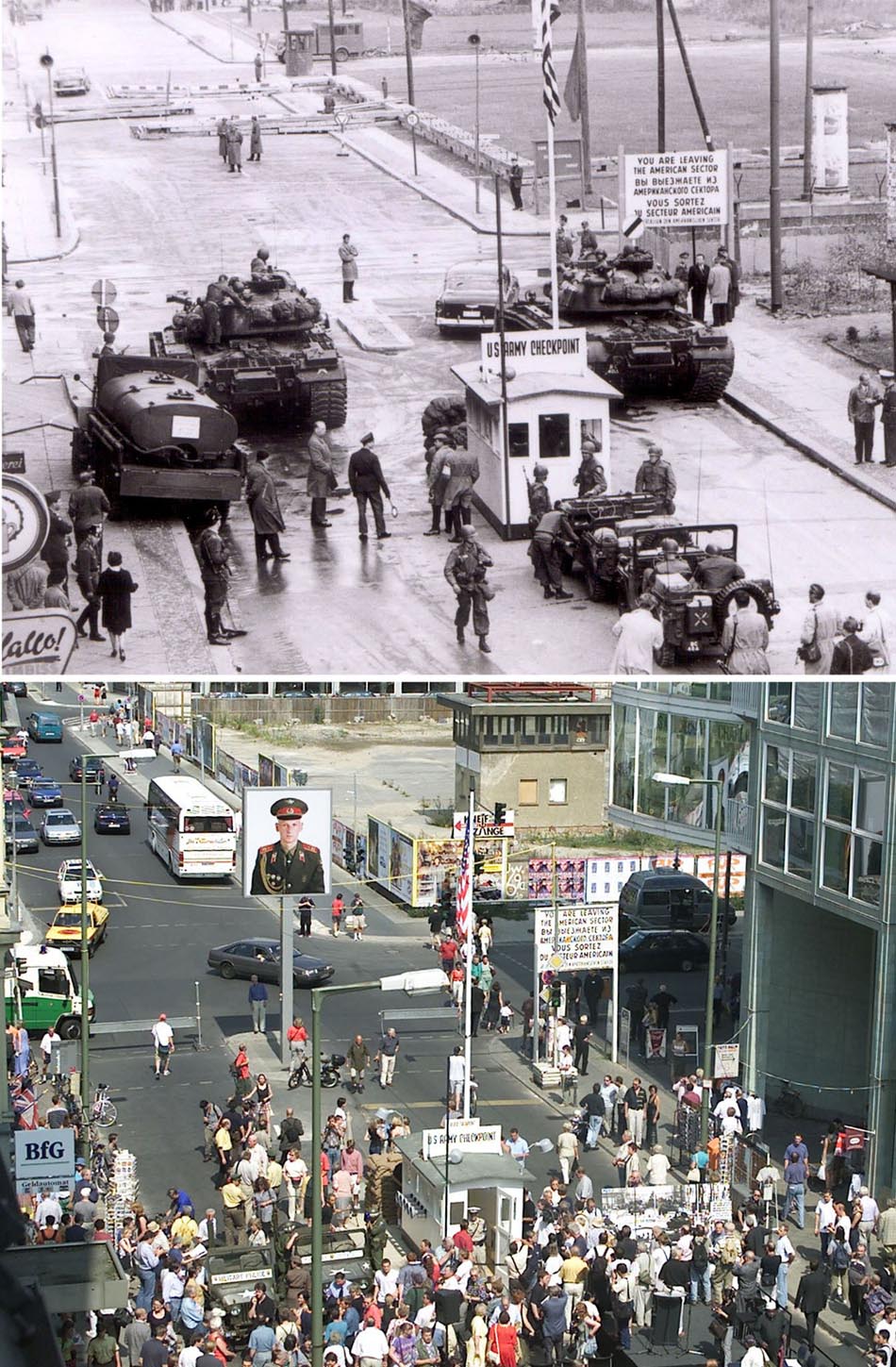 Checkpoint Charlie. A primeira foto mostra o local em 1961 durante a Gerra Fria. Acima, imagem de 13/07/2000. Foto: Arnd Wiegman/Reuters