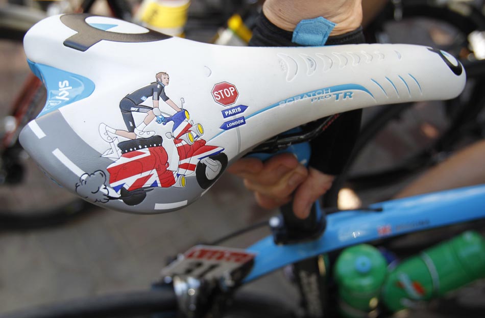 Detalhe do banco da bicicleta do britânico Bradley Wiggins. 04/07/2010. Foto:Christophe Ena/AP