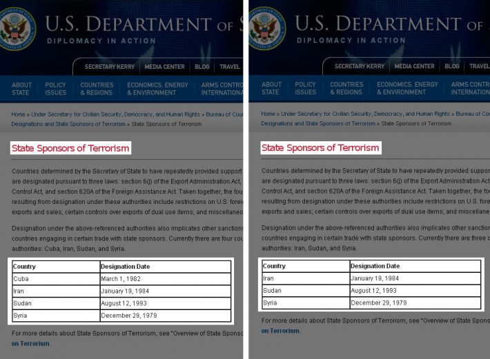 Cuba já foi removida da lista (D) de patrocinadores do terrorismo divulgada no site do Departamento de Estado dos EUA nesta sexta-feira, 29 (Foto: Reprodução)