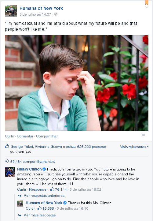 Resposta de Hillary Clinton no Facebook a menino gay repercute na internet