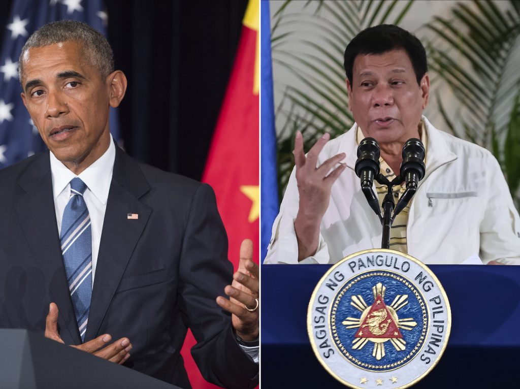 This combination image of two photographs taken on September 5, 2016 shows, at left, US President Barack Obama speaking during a press conference following the conclusion of the G20 summit in Hangzhou, China, and at right, Philippine President Rodrigo Duterte speaking during a press conference in Davao City, the Philippines, prior to his departure for Laos to attend the ASEAN summit. US President Barack Obama on September 5 called a planned meeting with Rodrigo Duterte into question after the Philippine leader launched a foul-mouthed tirade against him. / AFP PHOTO / Saul LOEB AND MANMAN DEJETO