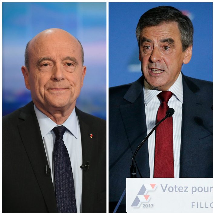 Candidatos às primárias da direita francesa, Alain Juppé (esq.) e François Fillon (Foto: AFP PHOTO / Lionel BONAVENTURE)