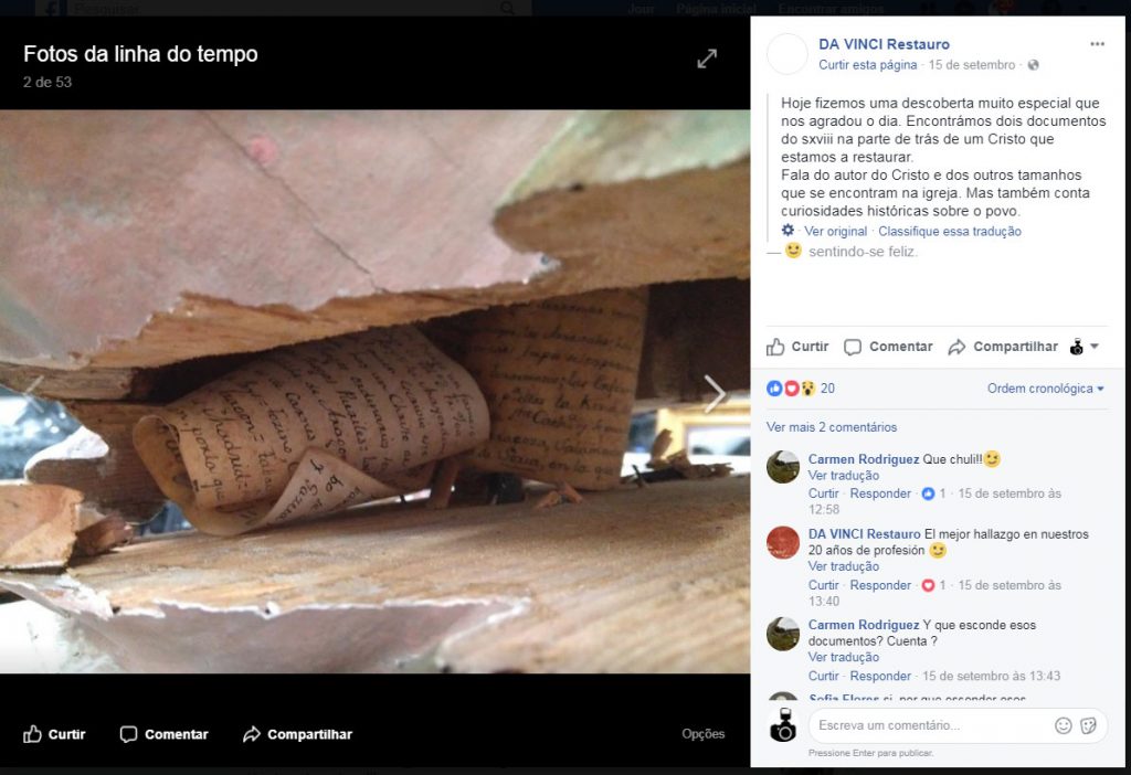 Da Vinci Restauro postou sua descoberta em página no Facebook (FOTO: DA VINCI RESTAURO/FACEBOOK)
